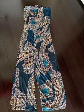 Strapless Teal Paisley Wide-Leg Jumpsuit